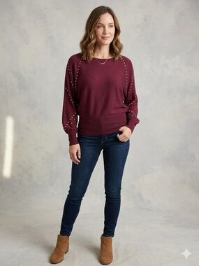 Joseph A. Wine-Red Crewneck Sweater with Gold Studs; size medium